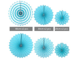 Western Polka Dots Stripes Printed Paper Fan Decoration (Blue) - Pack of 6